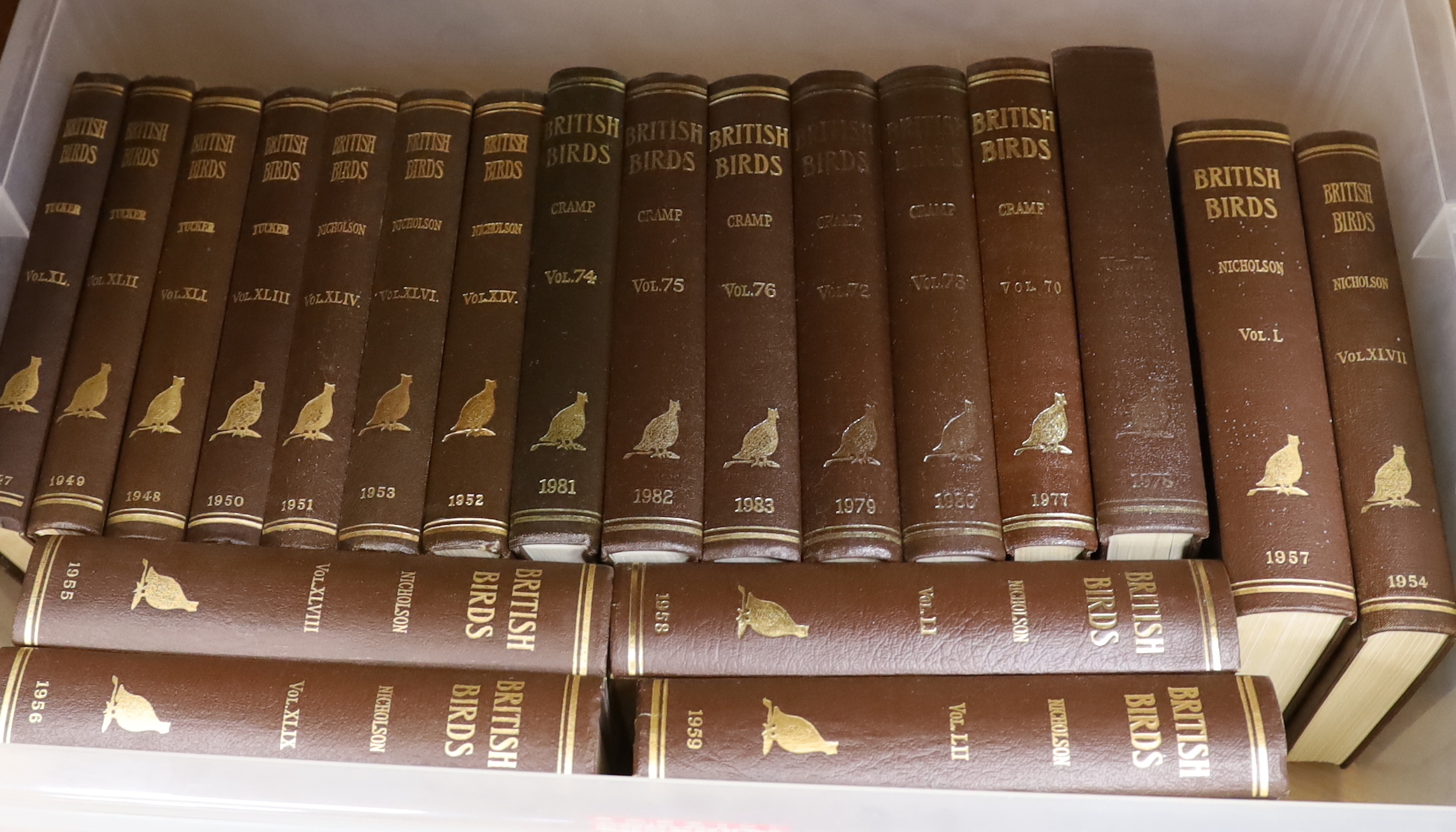 British Birds - vols. 40-102 (1947-2009). many photo and other illus. (some coloured); uniformly bound in gilt ruled brown cloth, pictorial gilt and lettered on spines, cr. & roy. 8vo. (62)